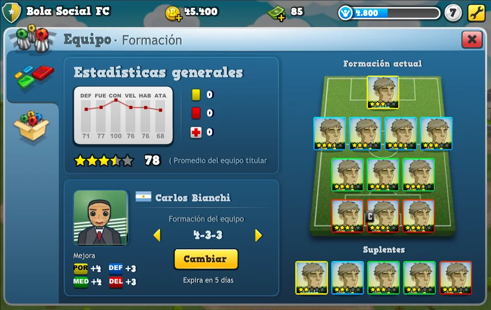 Pantalla del equipo de Bola Social Soccer con la formación y los jugadores